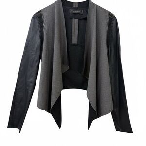 Stella & Jamie Rio leather waterfall draped open front crochet jacket sz M